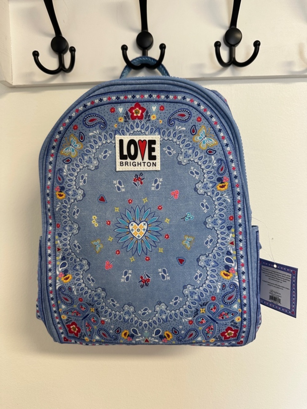 Brighton Light Blue Paisley  Backpack with Floral Embroidery